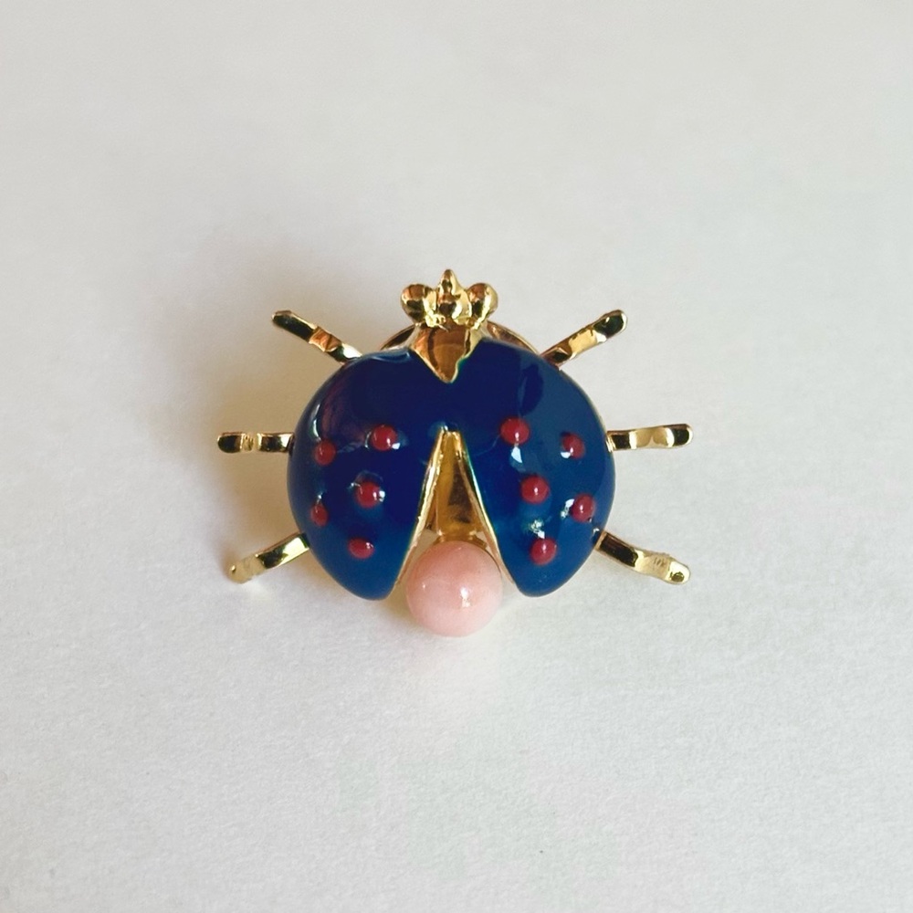 Ladybug Pin Brooch with Angel Skin Coral Bead (Blue and Red Enamel on Gold)